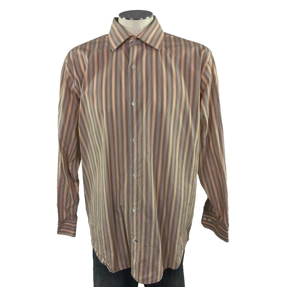 Banana Republic Button‎ Front Shirt L 16 16.5 Orange Red White Stripe Mens